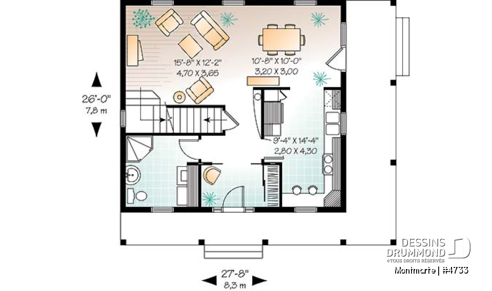 Rez-de-chaussée - Plan de maison d'inspiration anglaise, à étage, 3 chambres, 2 salles de bain, galerie abritée - Montmarte