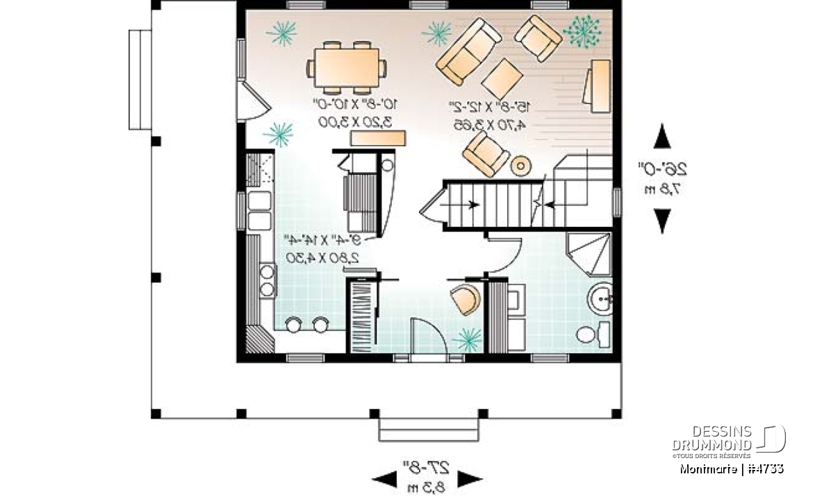 Rez-de-chaussée - Plan de maison d'inspiration anglaise, à étage, 3 chambres, 2 salles de bain, galerie abritée - Montmarte