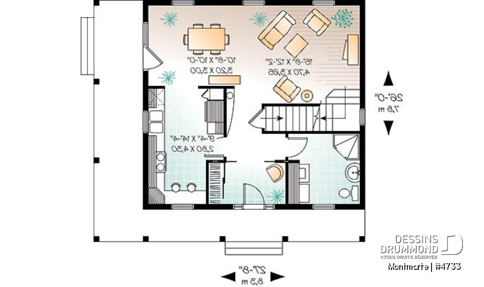 Rez-de-chaussée - Plan de maison d'inspiration anglaise, à étage, 3 chambres, 2 salles de bain, galerie abritée - Montmarte