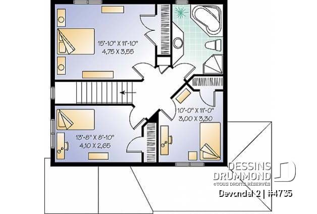 Étage - Plan de cottage de 3 chambres, cuisine fort logeable, salle à dîner bien fenestrée - Devondel 2