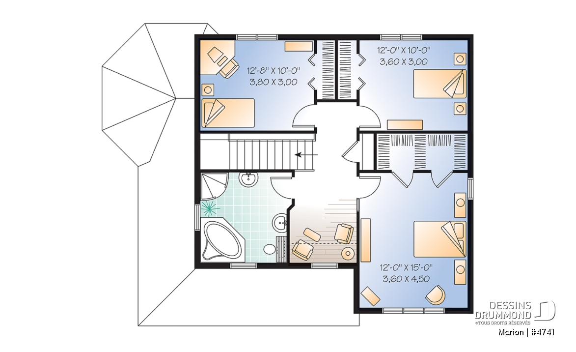 Étage - Plan de maison de 3 chambres, bureau, fenestration abondante, 2 walk-ins à la chambre parents - Marion