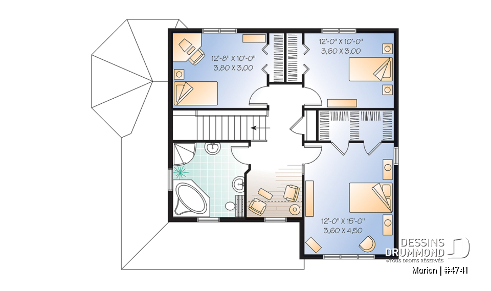 Étage - Plan de maison de 3 chambres, bureau, fenestration abondante, 2 walk-ins à la chambre parents - Marion
