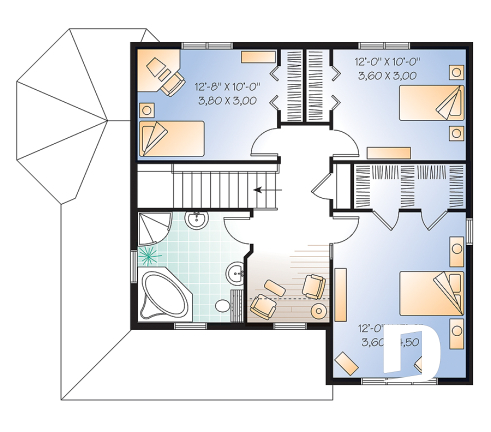 Étage - Plan de maison de 3 chambres, bureau, fenestration abondante, 2 walk-ins à la chambre parents - Marion