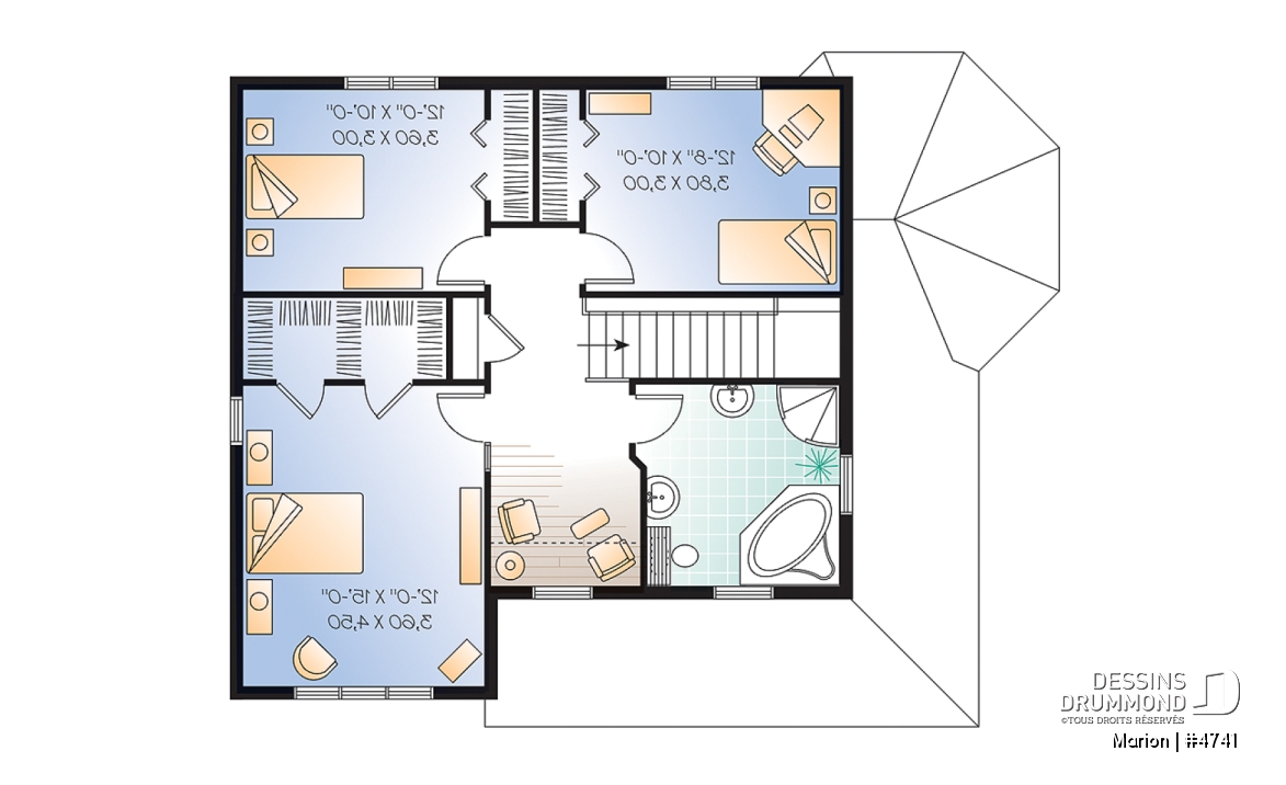Étage - Plan de maison de 3 chambres, bureau, fenestration abondante, 2 walk-ins à la chambre parents - Marion