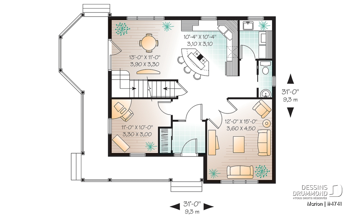 Rez-de-chaussée - Plan de maison de 3 chambres, bureau, fenestration abondante, 2 walk-ins à la chambre parents - Marion