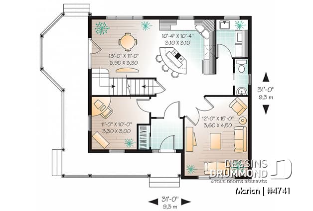 Rez-de-chaussée - Plan de maison de 3 chambres, bureau, fenestration abondante, 2 walk-ins à la chambre parents - Marion