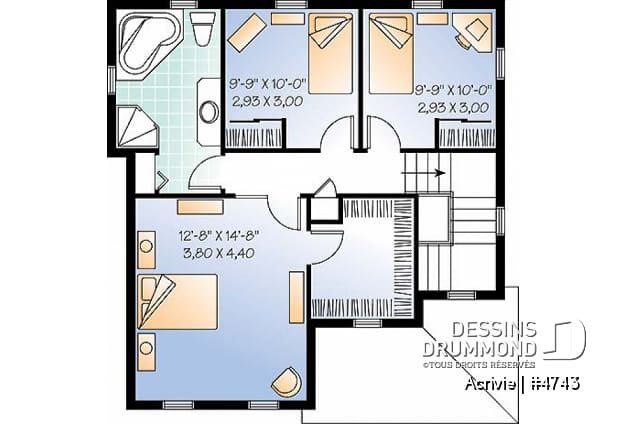 Étage - Plan de maison économique 3 chambres, chambre parent avec walk-in, salle de lavage au 1er - Acrivie