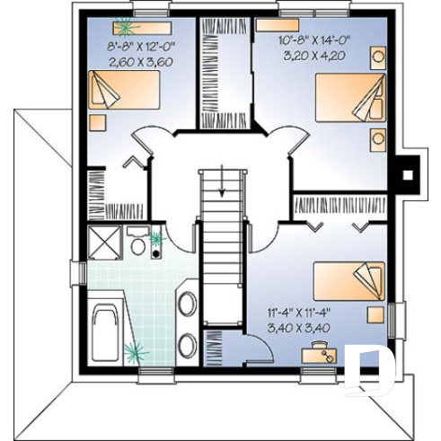 Étage - Modèle de maison colonial américain, à étages, aire ouverte, cuisine avec îlot, foyer, 3 chambres - Citatum 2