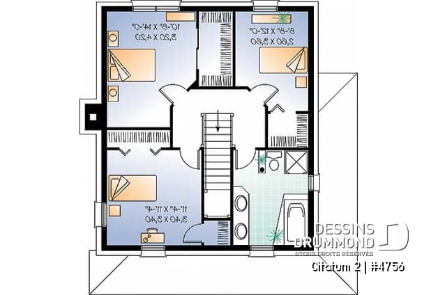 Étage - Modèle de maison colonial américain, à étages, aire ouverte, cuisine avec îlot, foyer, 3 chambres - Citatum 2
