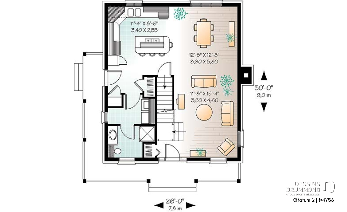 Rez-de-chaussée - Modèle de maison colonial américain, à étages, aire ouverte, cuisine avec îlot, foyer, 3 chambres - Citatum 2
