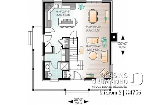 Rez-de-chaussée - Modèle de maison colonial américain, à étages, aire ouverte, cuisine avec îlot, foyer, 3 chambres - Citatum 2