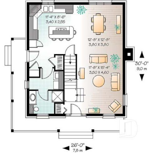 Rez-de-chaussée - Modèle de maison colonial américain, à étages, aire ouverte, cuisine avec îlot, foyer, 3 chambres - Citatum 2