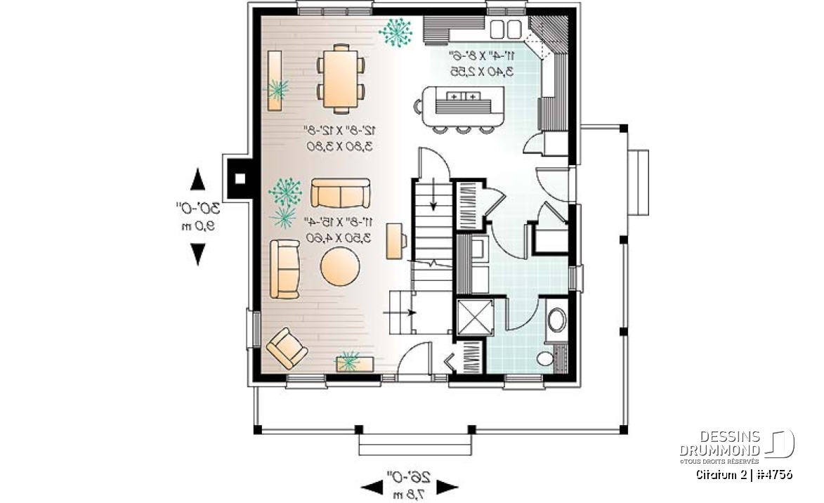 Rez-de-chaussée - Modèle de maison colonial américain, à étages, aire ouverte, cuisine avec îlot, foyer, 3 chambres - Citatum 2
