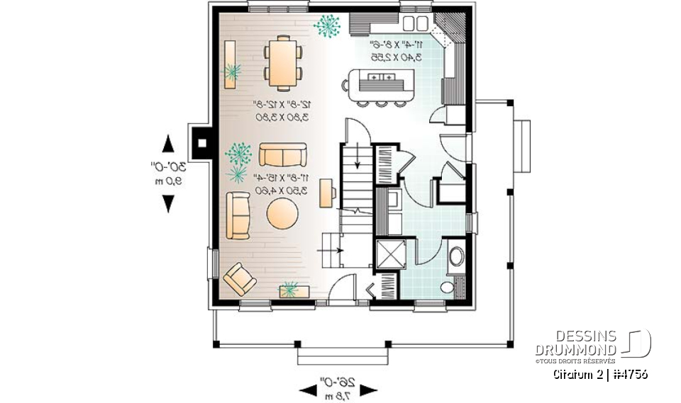 Rez-de-chaussée - Modèle de maison colonial américain, à étages, aire ouverte, cuisine avec îlot, foyer, 3 chambres - Citatum 2