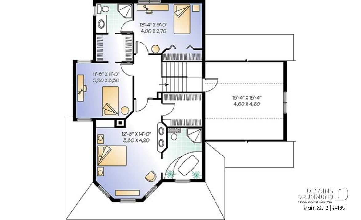 Étage - Plan de maison à étage, garage, 3 à 4 chambres, vestibule, foyer 2 faces, coin lecture près de la cuisine - Mathilde 2