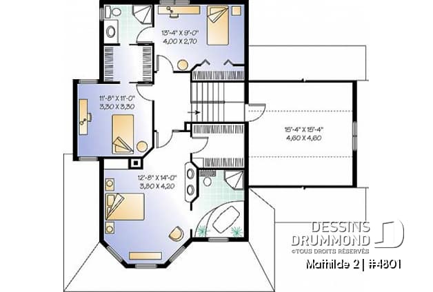 Étage - Plan de maison à étage, garage, 3 à 4 chambres, vestibule, foyer 2 faces, coin lecture près de la cuisine - Mathilde 2