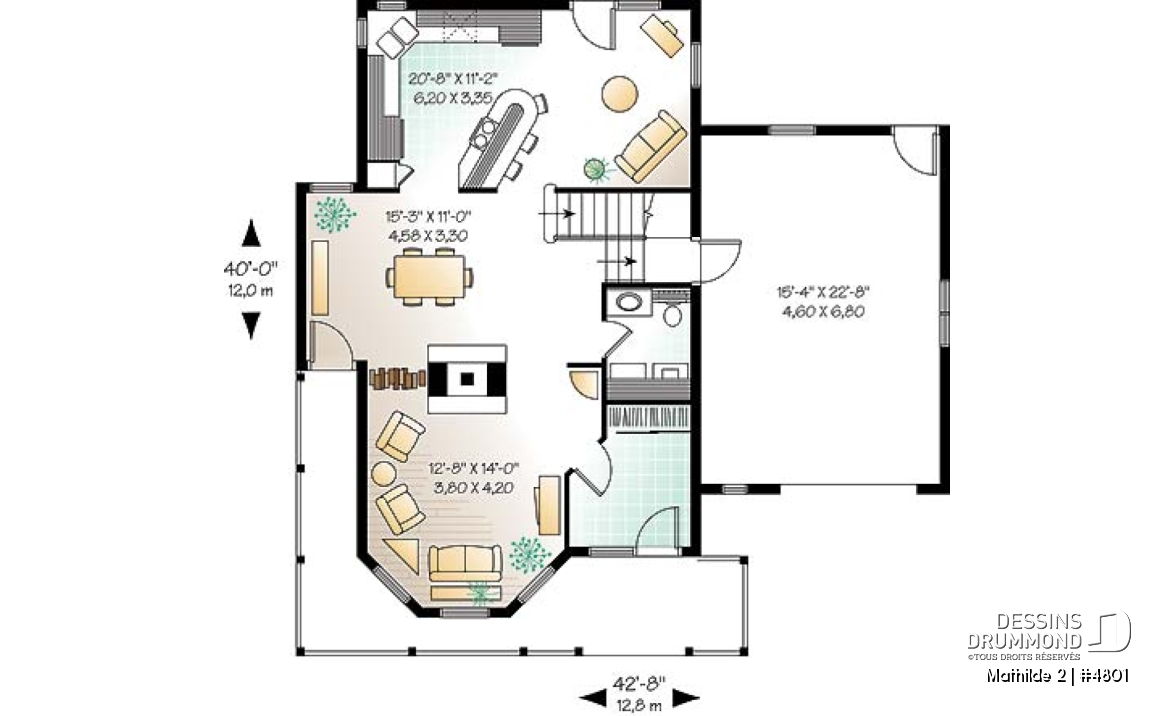 Rez-de-chaussée - Plan de maison à étage, garage, 3 à 4 chambres, vestibule, foyer 2 faces, coin lecture près de la cuisine - Mathilde 2