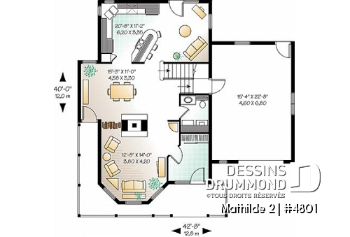 Rez-de-chaussée - Plan de maison à étage, garage, 3 à 4 chambres, vestibule, foyer 2 faces, coin lecture près de la cuisine - Mathilde 2