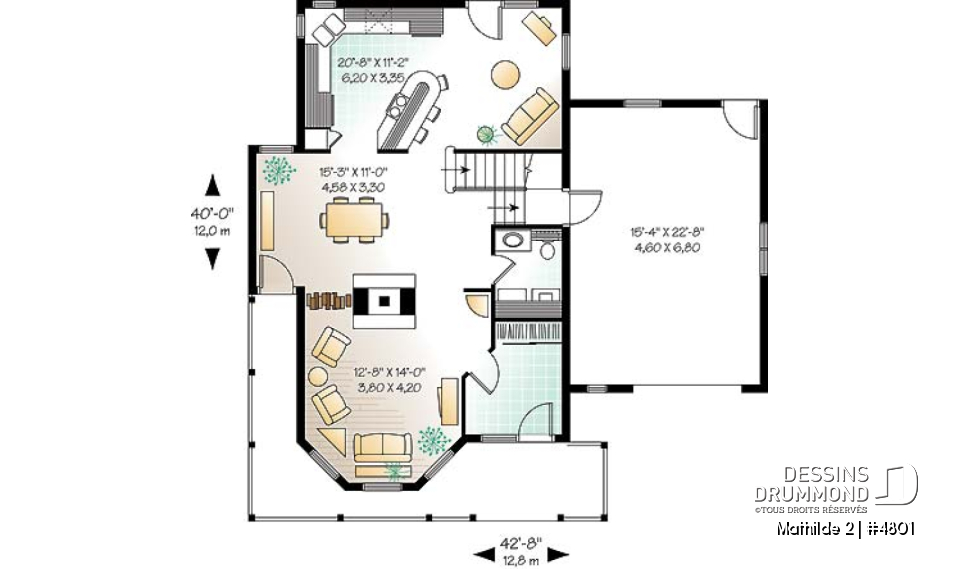 Rez-de-chaussée - Plan de maison à étage, garage, 3 à 4 chambres, vestibule, foyer 2 faces, coin lecture près de la cuisine - Mathilde 2