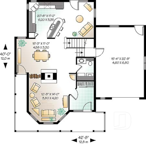 Rez-de-chaussée - Plan de maison à étage, garage, 3 à 4 chambres, vestibule, foyer 2 faces, coin lecture près de la cuisine - Mathilde 2