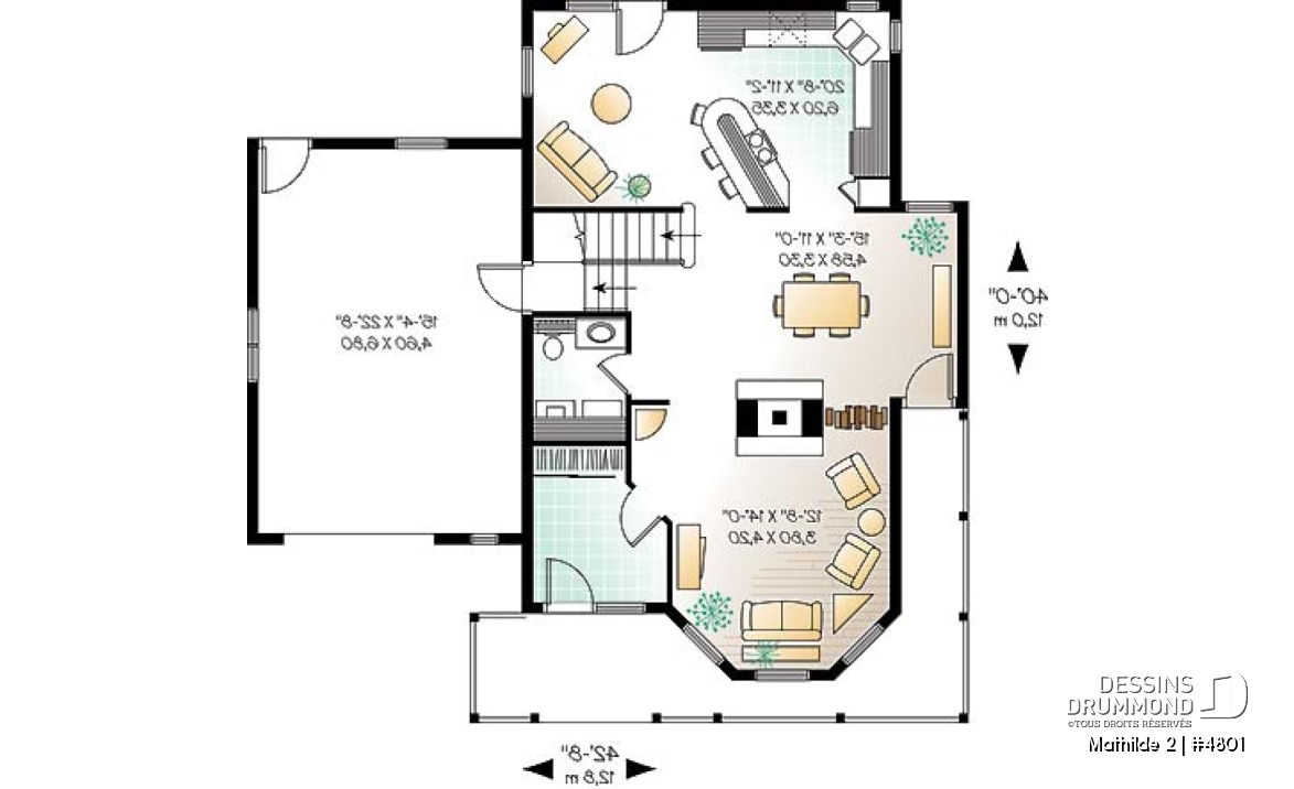 Rez-de-chaussée - Plan de maison à étage, garage, 3 à 4 chambres, vestibule, foyer 2 faces, coin lecture près de la cuisine - Mathilde 2