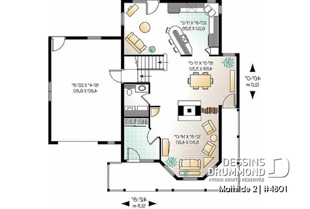 Rez-de-chaussée - Plan de maison à étage, garage, 3 à 4 chambres, vestibule, foyer 2 faces, coin lecture près de la cuisine - Mathilde 2