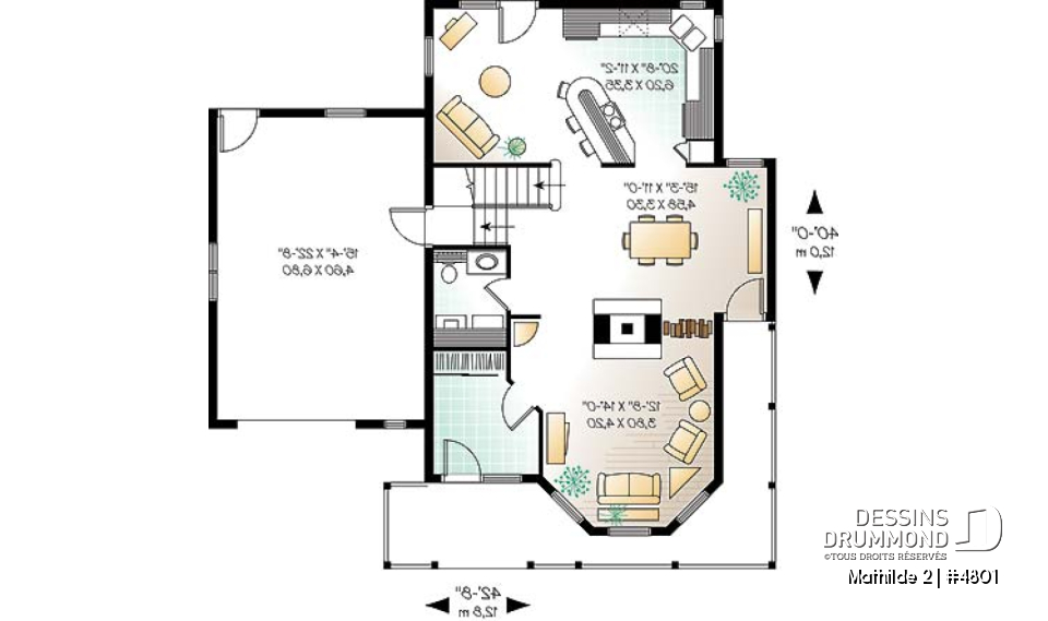 Rez-de-chaussée - Plan de maison à étage, garage, 3 à 4 chambres, vestibule, foyer 2 faces, coin lecture près de la cuisine - Mathilde 2