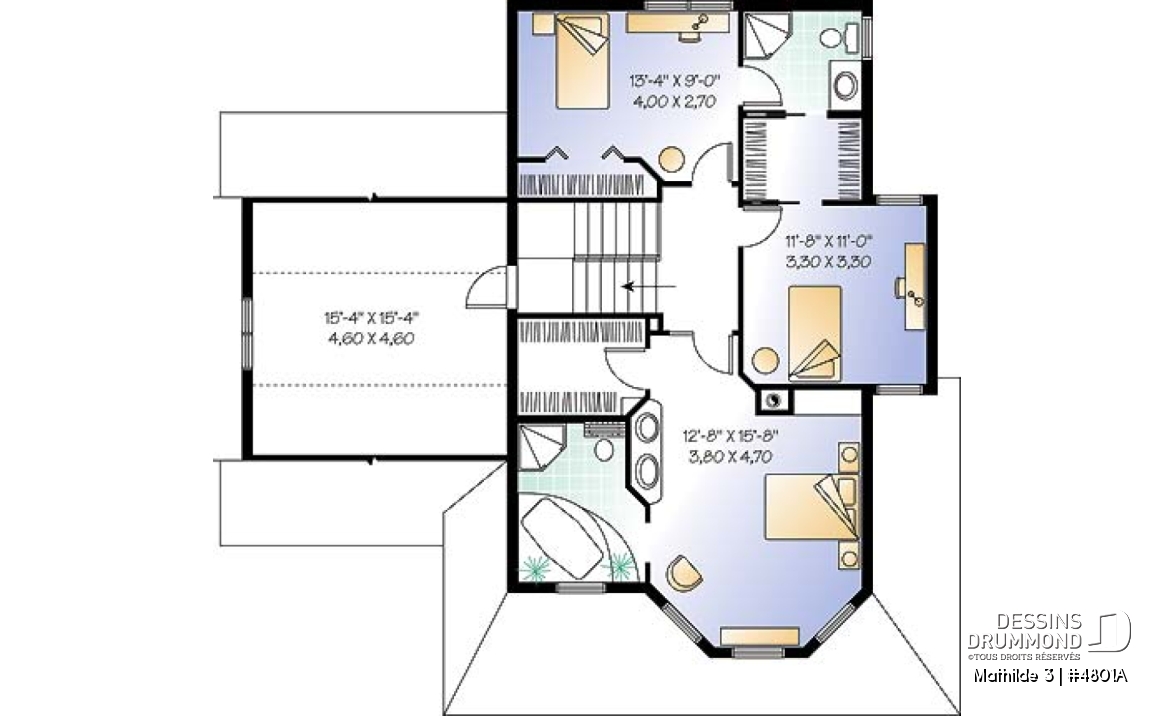 Étage - Plan de maison 3 à 4 chambres, garage double, style moderne victorienne, plafond 9' au rdc - Mathilde 3