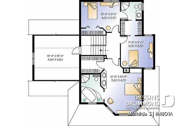Étage - Plan de maison 3 à 4 chambres, garage double, style moderne victorienne, plafond 9' au rdc - Mathilde 3
