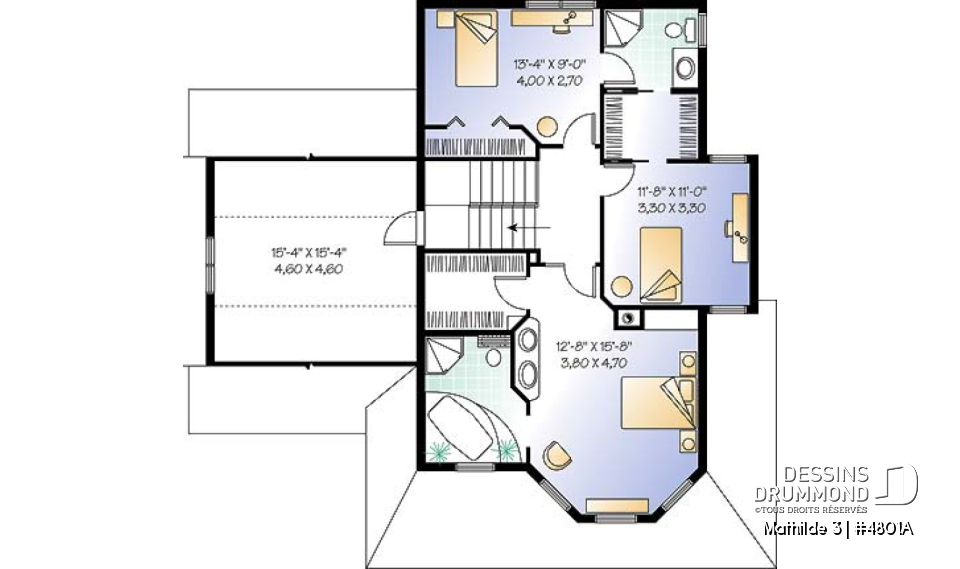 Étage - Plan de maison 3 à 4 chambres, garage double, style moderne victorienne, plafond 9' au rdc - Mathilde 3