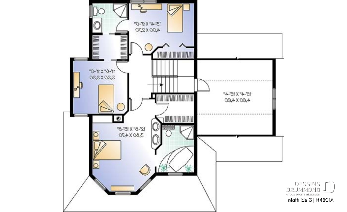 Étage - Plan de maison 3 à 4 chambres, garage double, style moderne victorienne, plafond 9' au rdc - Mathilde 3