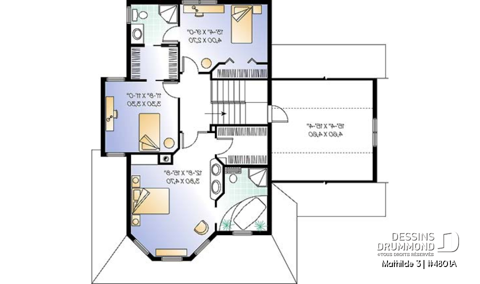 Étage - Plan de maison 3 à 4 chambres, garage double, style moderne victorienne, plafond 9' au rdc - Mathilde 3