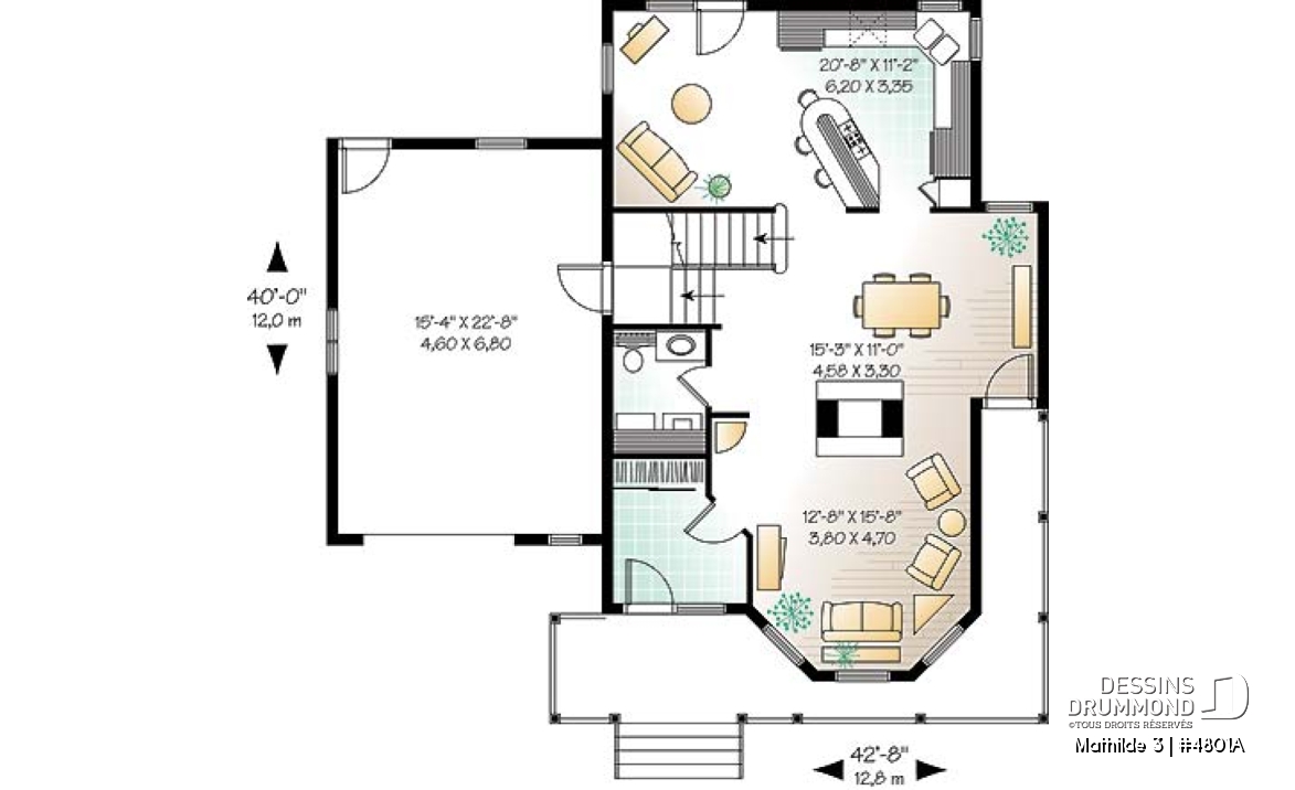 Rez-de-chaussée - Plan de maison 3 à 4 chambres, garage double, style moderne victorienne, plafond 9' au rdc - Mathilde 3