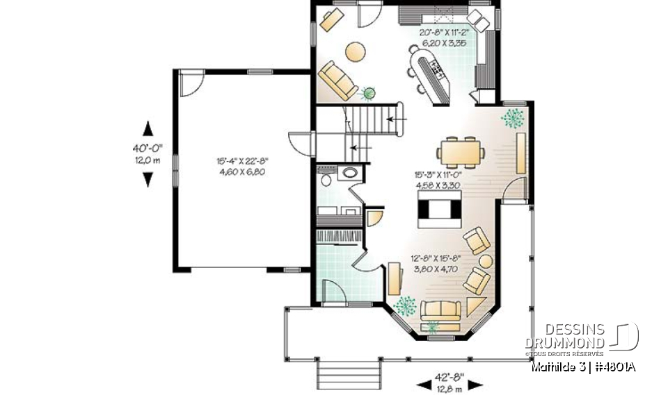 Rez-de-chaussée - Plan de maison 3 à 4 chambres, garage double, style moderne victorienne, plafond 9' au rdc - Mathilde 3