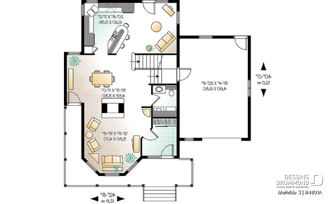 Rez-de-chaussée - Plan de maison 3 à 4 chambres, garage double, style moderne victorienne, plafond 9' au rdc - Mathilde 3
