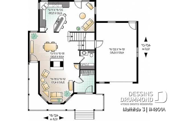 Rez-de-chaussée - Plan de maison 3 à 4 chambres, garage double, style moderne victorienne, plafond 9' au rdc - Mathilde 3