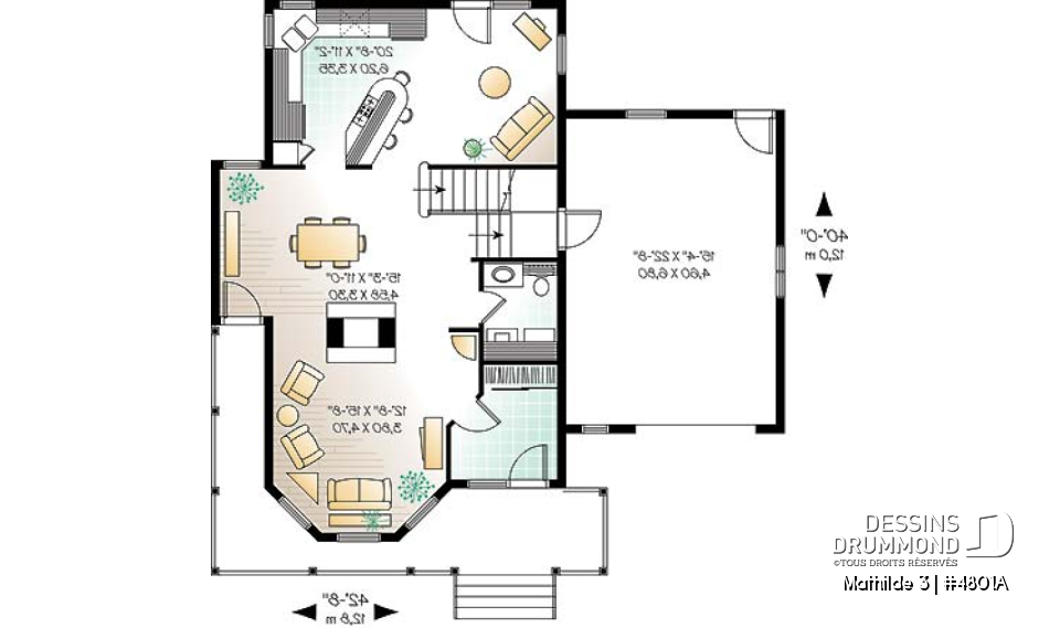 Rez-de-chaussée - Plan de maison 3 à 4 chambres, garage double, style moderne victorienne, plafond 9' au rdc - Mathilde 3