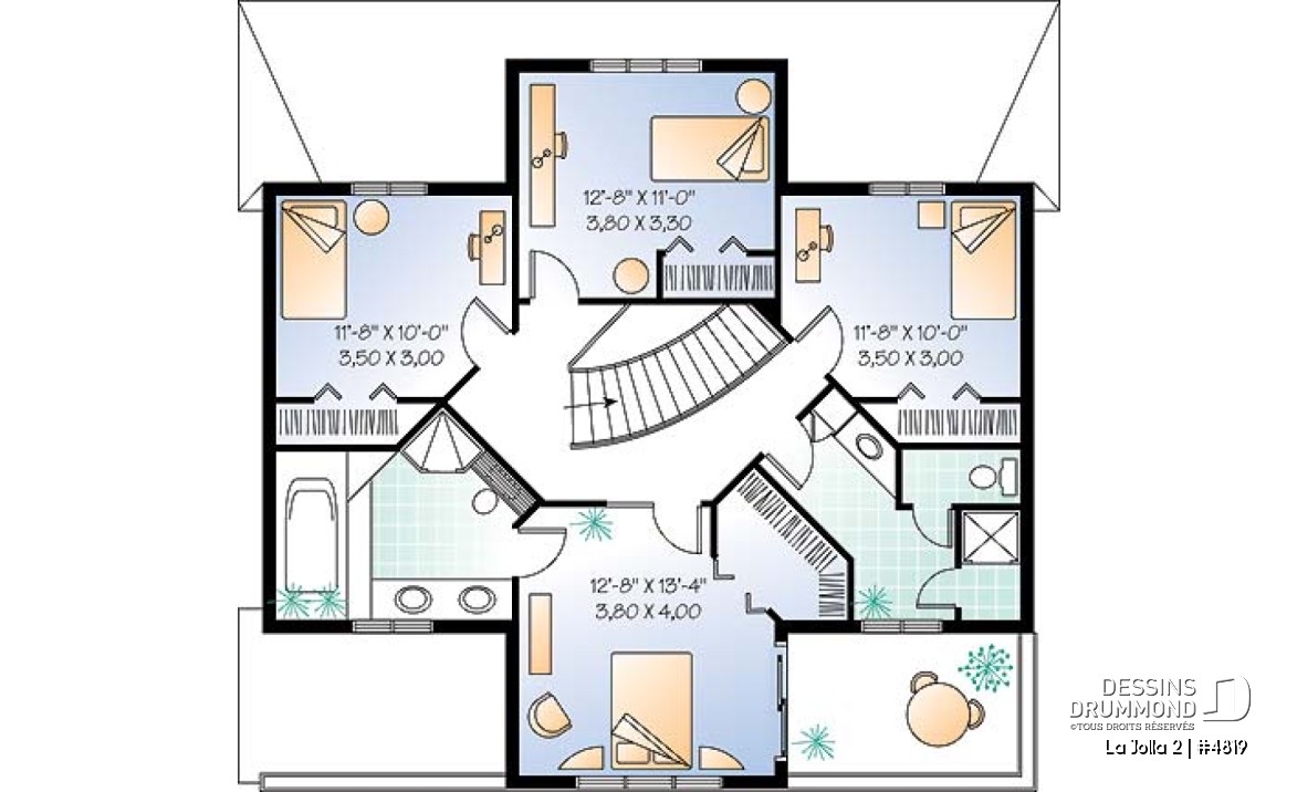 Étage - Plan de maison style Floride, 4 grandes chambres, solarium, plafond 9', 2 balcons, garage - La Jolla 2