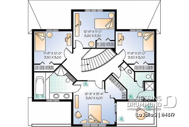 Étage - Plan de maison style Floride, 4 grandes chambres, solarium, plafond 9', 2 balcons, garage - La Jolla 2