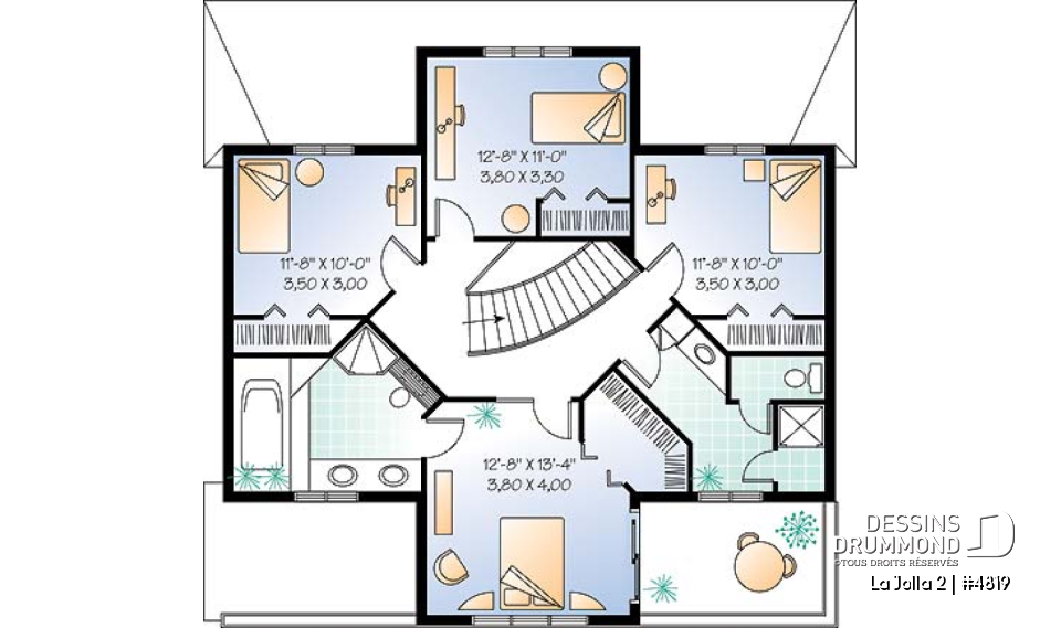 Étage - Plan de maison style Floride, 4 grandes chambres, solarium, plafond 9', 2 balcons, garage - La Jolla 2