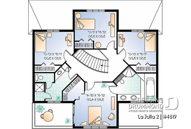 Étage - Plan de maison style Floride, 4 grandes chambres, solarium, plafond 9', 2 balcons, garage - La Jolla 2
