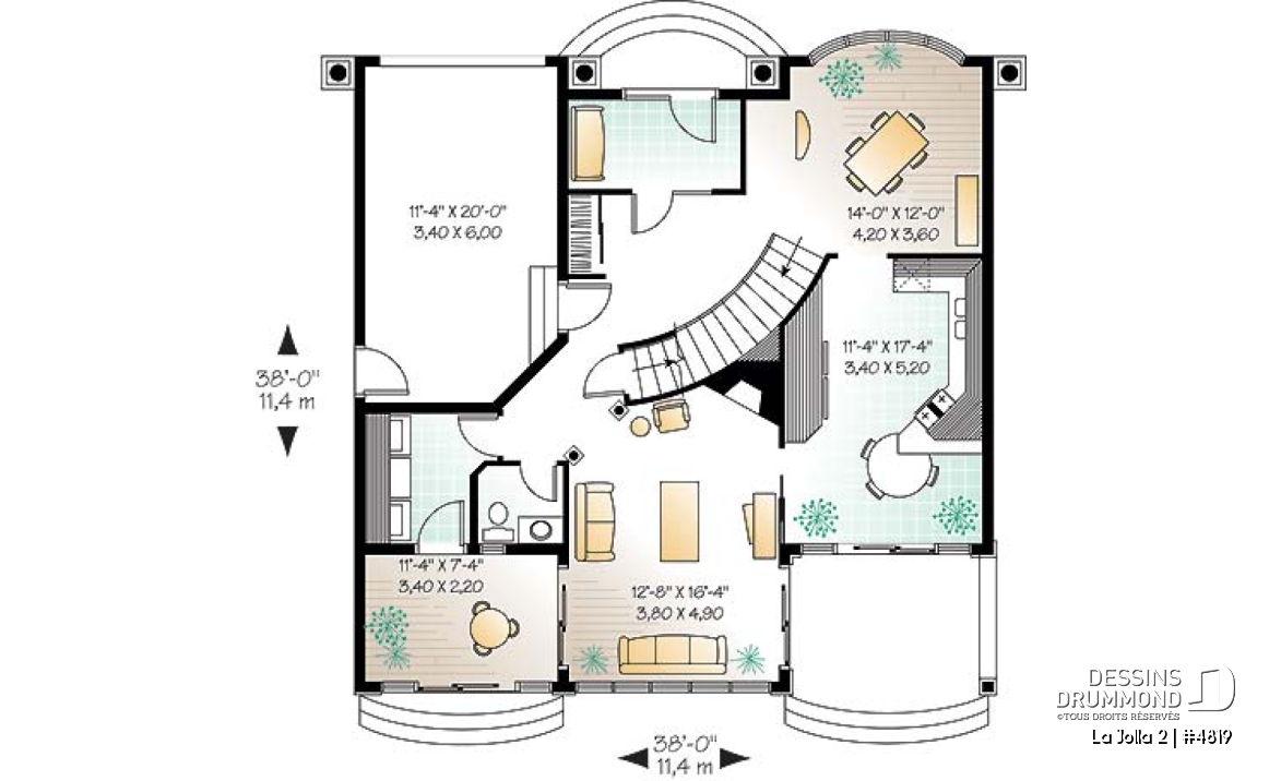 Rez-de-chaussée - Plan de maison style Floride, 4 grandes chambres, solarium, plafond 9', 2 balcons, garage - La Jolla 2