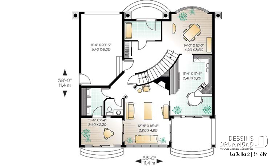 Rez-de-chaussée - Plan de maison style Floride, 4 grandes chambres, solarium, plafond 9', 2 balcons, garage - La Jolla 2