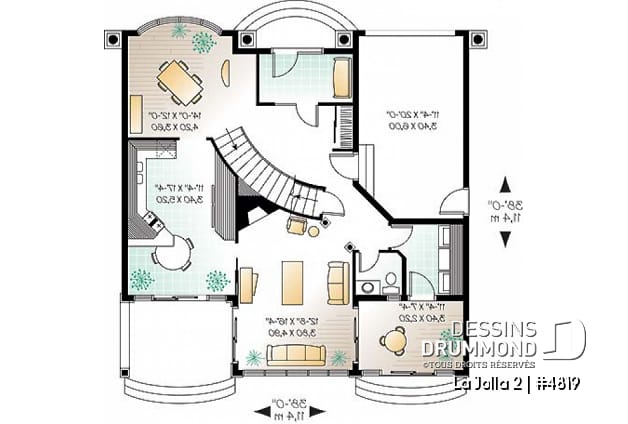 Rez-de-chaussée - Plan de maison style Floride, 4 grandes chambres, solarium, plafond 9', 2 balcons, garage - La Jolla 2