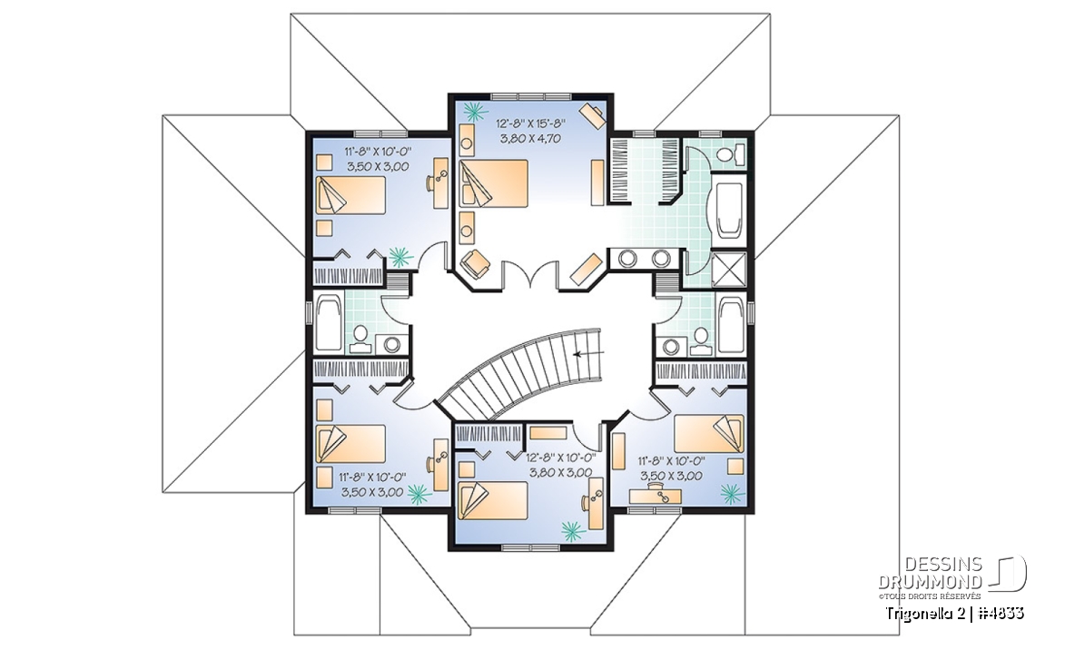 Étage - Plan de maison pour grande famille, 6 chambres,  4.5 salles de bain, cinéma maison, garage double et plus - Trigonella 2