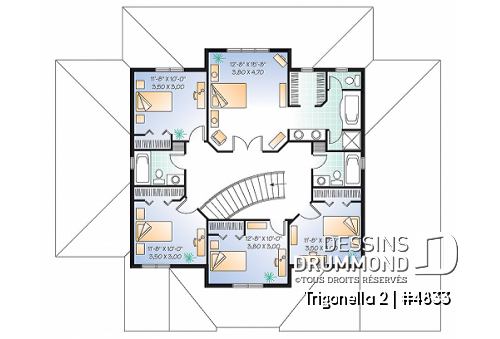 Étage - Plan de maison pour grande famille, 6 chambres,  4.5 salles de bain, cinéma maison, garage double et plus - Trigonella 2