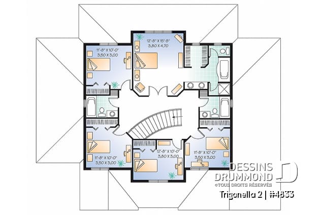 Étage - Plan de maison pour grande famille, 6 chambres,  4.5 salles de bain, cinéma maison, garage double et plus - Trigonella 2