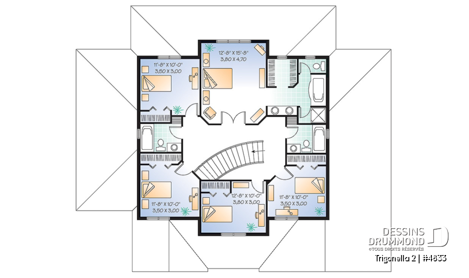 Étage - Plan de maison pour grande famille, 6 chambres,  4.5 salles de bain, cinéma maison, garage double et plus - Trigonella 2