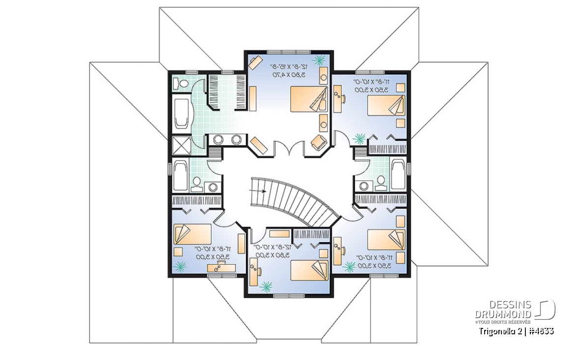 Étage - Plan de maison pour grande famille, 6 chambres,  4.5 salles de bain, cinéma maison, garage double et plus - Trigonella 2