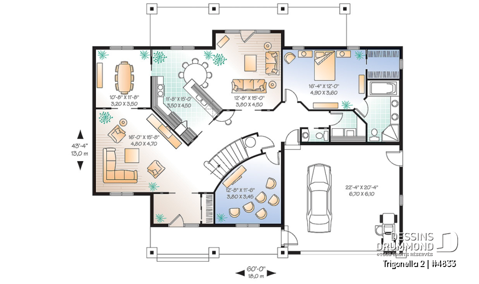 Rez-de-chaussée - Plan de maison pour grande famille, 6 chambres,  4.5 salles de bain, cinéma maison, garage double et plus - Trigonella 2